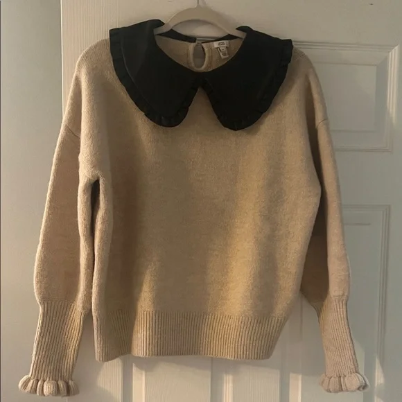 River Island Cream Sweater with Black Leather Ruffled Collar - Picture 1 of 5